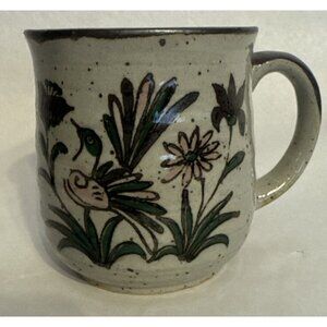 Vintage Large Stoneware Pottery Clay Coffee Mug Cup Gray Speckled Floral Design